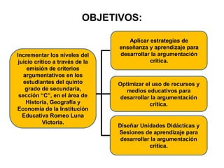 OBJETIVOS:

                                    Aplicar estrategias de
                                 enseñanza y aprendizaje para
Incrementar los niveles del      desarrollar la argumentación
 juicio crítico a través de la              crítica.
     emisión de criterios
   argumentativos en los
   estudiantes del quinto        Optimizar el uso de recursos y
    grado de secundaria,            medios educativos para
 sección “C”, en el área de       desarrollar la argumentación
    Historia, Geografía y                    crítica.
Economía de la Institución
   Educativa Romeo Luna
            Victoria.
                                 Diseñar Unidades Didácticas y
                                 Sesiones de aprendizaje para
                                  desarrollar la argumentación
                                             crítica.
 
