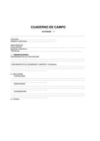 CUADERNO DE CAMPO
                     ACTIVIDAD   1

……………………………………………………………………………………………………………………
………….
COLEGIO: ……………………………………………….…………
GRADO Y SECCION: …………………………….…………….

INDICADOR DE
EVALUACIÓN:……………………………………………………………………………….………………….
MEDIOS FUENTES Y
TECNICAS:………………………………………………………………………………………………….

1.- OBSERVACIONES:
CON RESPECTO A LA APLICACIÓN
……………………………………………………………………………………………………………………
……………………………………………………………………………………………………………………
………………………………………………………..
CON RESPECTO A LOS MEDIOS, FUENTES Y TECNICAS.
……………………………………………………………………………………………………………………
……………………………………………………………………………………………………………………
………………………………………………………..

2.- REFLEXIÓN:
     FORTALEZAS:
……………………………………………………………………………………………………………………
……………………………………………………………………………………………………………………
………………………………………………………..
     DEBILIDADES:
……………………………………………………………………………………………………………………
……………………………………………………………………………………………………………………
………………………………………………………..
     SUGERENCIAS:
……………………………………………………………………………………………………………………
……………………………………………………………………………………………………………………
………………………………………………………..
3.- OTROS:
 