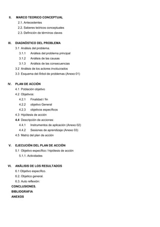 II.      MARCO TEORICO CONCEPTUAL
           2.1. Antecedentes
           2.2. Saberes teóricos conceptuales
           2.3. Definición de términos claves


III.     DIAGNÓSTICO DEL PROBLEMA
         3.1 Análisis del problema.
            3.1.1    Análisis del problema principal
            3.1.2    Análisis de las causas
            3.1.3    Análisis de las consecuencias
         3.2 Análisis de los actores involucrados
         3.3 Esquema del Árbol de problemas (Anexo 01)


IV.      PLAN DE ACCIÓN
         4.1 Población objetivo
         4.2 Objetivos:
            4.2.1    Finalidad / fin
            4.2.2    objetivo General
            4.2.3    objetivos específicos
         4.3 Hipótesis de acción
         4.4 Descripción de acciones:
            4.4.1    Instrumentos de aplicación (Anexo 02)
            4.4.2    Sesiones de aprendizaje (Anexo 03)
         4.5 Matriz del plan de acción


V.       EJECUCIÓN DEL PLAN DE ACCIÓN
         5.1 Objetivo específico / hipótesis de acción
            5.1.1. Actividades


VI.      ANÁLISIS DE LOS RESULTADOS
         6.1 Objetivo específico.
         6.2. Objetico general.
         6.3. Auto reflexión:
       CONCLUSIONES.
       BIBLIOGRAFIA
       ANEXOS
 