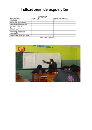 Indicadores de exposición
                                   EXPOSICIÓN
INDICADORES                   PUNTAJE                 PUNTAJE PARCIAL
Motivación
Manejo de información
Uso de material didáctico
Voz clara y fuerte
Expone mirando a sus
compañeros
Hace preguntas a sus
compañeros
Relaciona el tema con otros
                                      PUNTAJE TOTAL
 