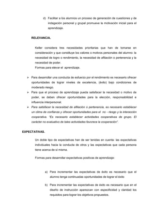 d) Facilitar a los alumnos un proceso de generación de cuestiones y de
                  indagación personal y grupal promueve la motivación inicial para el
                  aprendizaje.


     RELEVANCIA.


        Keller considera tres necesidades prioritarias que han de tomarse en
        consideración y que constituye los valores o motivos personales del alumno: la
        necesidad de logro o rendimiento, la necesidad de afiliación o pertenencia y la
        necesidad de poder.
        Formas para elevar el aprendizaje.


   Para desarrollar una conducta de esfuerzo por el rendimiento es necesario ofrecer
     oportunidades de lograr niveles de excelencia, (éxito) bajo condiciones de
     moderado riesgo.
   Para que el proceso de aprendizaje pueda satisfacer la necesidad o motivo de
     poder, se deben ofrecer oportunidades para la elección, responsabilidad e
     influencia interpersonal.
   Para satisfacer la necesidad de afiliación o pertenencia, es necesario establecer
     un clima de confianza y ofrecer oportunidades para el no - riesgo y la interacción
     cooperativa. “Es necesario establecer actividades cooperativas de grupo. El
     carácter no evaluativo de tales actividades favorece la cooperación”.


EXPECTATIVAS.

        Un doble tipo de expectativas han de ser tenidas en cuenta: las expectativas
        individuales hacia la conducta de otros y las expectativas que cada persona
        tiene acerca de sí misma.

        Formas para desarrollar expectativas positivas de aprendizaje:



                a) Para incrementar las expectativas de éxito es necesario que el
                    alumno tenga continuadas oportunidades de lograr el éxito

                b) Para incrementar las expectativas de éxito es necesario que en el
                    diseño de instrucción aparezcan con especificidad y claridad los
                    requisitos para lograr los objetivos propuestos.
 