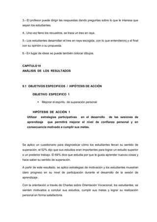 3.- El profesor puede dirigir las respuestas dando preguntas sobre lo que le interesa que
sepan los estudiantes.

4,. Una vez lleno los recuadros, se traza un tres en raya.

5.- Los estudiantes desarrollan el tres en raya escogida, con lo que entendieronj y al final
con su opinión o su propuesta.

6.- En lugar de ideas se puede también colocar dibujos.



CAPITULO VI
ANÁLISIS DE LOS RESULTADOS




9.1 OBJETIVOS ESPECIFICOS / HIPÓTESIS DE ACCIÓN

        OBJETIVO ESPECIFICO 1

                 Mejorar el espíritu de superación personal


        HIPÓTESIS DE ACCIÓN 1
   Utilizar       estrategias participativas   en el desarrollo     de las sesiones de
   aprendizaje        que permitirá mejorar el nivel de confianza personal y en
   consecuencia motivado a cumplir sus metas.




Se aplico un cuestionario para diagnosticar cómo los estudiantes llevan su sentido de
superación, el 52% dijo que sus estudios eran importantes para lograr un estudio superior
o un posterior trabajo. El 84% dice que estudia por que le gusta aprender nuevas cosas y
hace saber su sentido de superación.

A partir de este resultado, se aplico estrategias de motivación y los estudiantes muestran
claro progreso en su nivel de participación durante el desarrollo de la sesión de
aprendizaje .

Con la orientación a través de Charlas sobre Orientación Vocacional, los estudiantes, se
sienten motivados a concluir sus estudios, cumplir sus metas y lograr su realización
personal en forma satisfactoria.
 
