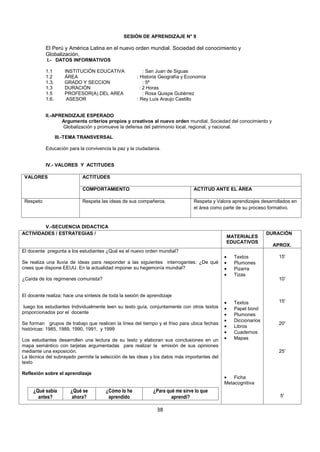 SESIÓN DE APRENDIZAJE N° 9

           El Perú y América Latina en el nuevo orden mundial. Sociedad del conocimiento y
           Globalización,
           I.- DATOS INFORMATIVOS

           1.1          INSTITUCIÓN EDUCATIVA             : San Juan de Siguas
           1.2          ÁREA                          : Historia Geografía y Economía
           1.3.         GRADO Y SECCION                   : 5ª
           1.3          DURACIÓN                        : 2 Horas
           1.5          PROFESOR(A) DEL AREA              : Rosa Quispe Gutiérrez
           1.6.          ASESOR                       : Rey Luis Araujo Castillo


           II.-APRENDIZAJE ESPERADO
                  Argumenta criterios propios y creativos al nuevo orden mundial. Sociedad del conocimiento y
                   Globalización y promueve la defensa del patrimonio local, regional, y nacional.
                    .
                  III.-TEMA TRANSVERSAL

           Educación para la convivencia la paz y la ciudadanía.


           IV.- VALORES Y ACTITUDES

 VALORES                      ACTITUDES

                              COMPORTAMIENTO                                   ACTITUD ANTE EL ÁREA

 Respeto                      Respeta las ideas de sus compañeros.             Respeta y Valora aprendizajes desarrollados en
                                                                               el área como parte de su proceso formativo.


        V.-SECUENCIA DIDACTICA
ACTIVIDADES / ESTRATEGIAS /                                                                                     DURACIÓN
                                                                                             MATERIALES
                                                                                             EDUCATIVOS
                                                                                                                  APROX.
El docente pregunta a los estudiantes ¿Qué es el nuevo orden mundial?
                                                                                                 Textos              15'
Se realiza una lluvia de ideas para responder a las siguientes interrogantes: ¿De qué            Plumones
crees que dispone EEUU. En la actualidad imponer su hegemonía mundial?                           Pizarra
                                                                                                 Tizas
¿Caída de los regímenes comunista?                                                                                   10'


El docente realiza: hace una síntesis de toda la sesión de aprendizaje
                                                                                                 Textos              15'
 luego los estudiantes Individualmente leen su texto guía, conjuntamente con otros textos        Papel bond
proporcionados por el docente                                                                    Plumones
                                                                                                 Diccionarios
Se forman grupos de trabajo que realicen la línea del tiempo y el friso para ubica fechas                            20'
                                                                                                 Libros
históricas: 1985, 1989, 1990, 1991, y 1999
                                                                                                 Cuadernos
Los estudiantes desarrollen una lectura de su texto y elaboran sus conclusiones en un            Mapas
mapa semántico con tarjetas argumentadas para realizar la emisión de sus opiniones
mediante una exposición.                                                                                             25'
La técnica del subrayado permite la selección de las ideas y los datos más importantes del
texto

Reflexión sobre el aprendizaje
                                                                                                 Ficha
                                                                                             Metacognitiva
     ¿Qué sabía           ¿Qué se       ¿Cómo lo he          ¿Para qué me sirve lo que
       antes?              ahora?        aprendido                   aprendí?                                        5'

                                                               38
 