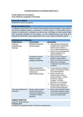 PLANIFICACIÓN DE LA UNIDAD DIDÁCTICA I
Grado: Quinto de Secundaria
Área: Historia, Geografía y Economía
TÍTULO DE LA UNIDAD
Analizamos el mundo de la posguerra.
SITUACIÓN SIGNIFICATIVA
La Segunda Guerra Mundial fue un hecho de gran impacto para la humanidad, ya que ocasionó
una serie de pérdidas humanas y económicas. Al concluir la guerra, el mundo debía iniciar su
proceso de reconstrucción y reorganizar una vida en paz; sin embargo, el mundo quedó dividido
entre las grandes potencias. En ese contexto, ¿se vivió verdaderamente en paz luego de la
Segunda Guerra Mundial? ¿Qué características vivió el mundo luego de finalizada la guerra?
APRENDIZAJES ESPERADOS
COMPETENCIAS CAPACIDADES INDICADORES
Construye
interpretaciones
históricas.
Interpreta críticamente
fuentes diversas.
 Utiliza todo tipo de fuentes para
investigar sobre un determinado
hecho o proceso histórico, y
recurre a ellas sistemáticamente.
 Explica cómo las interpretaciones
históricas dependen de la
selección de fuentes.
Comprende el tiempo
histórico y emplea
categorías temporales.
 Analiza cómo los cambios se
producen a ritmos rápidos o
lentos y en diferentes momentos.
 Elabora frisos cronológicos
complejos de varias dimensiones
o aspectos.
Elabora explicaciones
históricas reconociendo la
relevancia de
determinados procesos.
 Formula preguntas complejas en
relación con el problema histórico
que se está estudiando.
 Evalúa el impacto o las
consecuencias de hechos o
procesos históricos —sociales,
económicos, políticos,
culturales— en hechos
posteriores o en la actualidad.
 Reconoce cómo situaciones
actuales pueden explicarse a la
luz de los procesos delpasado.
Actúa responsablemente en
el ambiente.
Maneja y elabora diversas
fuentes de información y
herramientas digitales para
comprender el espacio
geográfico.
 Elabora mapas temáticos simples
y de síntesis a diferentes escalas,
así como otras representaciones,
a partir de diversas fuentes.
CAMPOS TEMÁTICOS
El siglo XX: grandes procesos
Conceptos clave:
La Guerra Fría, coexistencia pacífica, Tercer Mundo, descolonización
 