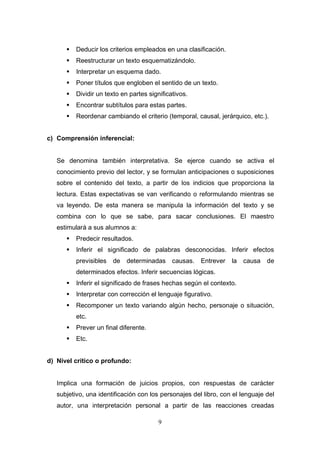    Deducir los criterios empleados en una clasificación.
         Reestructurar un texto esquematizándolo.
         Interpretar un esquema dado.
         Poner títulos que engloben el sentido de un texto.
         Dividir un texto en partes significativos.
         Encontrar subtítulos para estas partes.
         Reordenar cambiando el criterio (temporal, causal, jerárquico, etc.).


c) Comprensión inferencial:


   Se denomina también interpretativa. Se ejerce cuando se activa el
   conocimiento previo del lector, y se formulan anticipaciones o suposiciones
   sobre el contenido del texto, a partir de los indicios que proporciona la
   lectura. Estas expectativas se van verificando o reformulando mientras se
   va leyendo. De esta manera se manipula la información del texto y se
   combina con lo que se sabe, para sacar conclusiones. El maestro
   estimulará a sus alumnos a:
         Predecir resultados.
         Inferir el significado de palabras desconocidas. Inferir efectos
          previsibles   de   determinadas causas.      Entrever   la causa     de
          determinados efectos. Inferir secuencias lógicas.
         Inferir el significado de frases hechas según el contexto.
         Interpretar con corrección el lenguaje figurativo.
         Recomponer un texto variando algún hecho, personaje o situación,
          etc.
         Prever un final diferente.
         Etc.


d) Nivel crítico o profundo:


   Implica una formación de juicios propios, con respuestas de carácter
   subjetivo, una identificación con los personajes del libro, con el lenguaje del
   autor, una interpretación personal a partir de las reacciones creadas

                                         9
 
