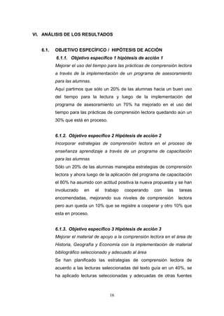 VI. ANÁLISIS DE LOS RESULTADOS


   6.1.   OBJETIVO ESPECÍFICO / HIPÓTESIS DE ACCIÓN
          6.1.1. Objetivo específico 1 hipótesis de acción 1
          Mejorar el uso del tiempo para las prácticas de comprensión lectora
          a través de la implementación de un programa de asesoramiento
          para las alumnas.
          Aquí partimos que sólo un 20% de las alumnas hacia un buen uso
          del tiempo para la lectura y luego de la implementación del
          programa de asesoramiento un 70% ha mejorado en el uso del
          tiempo para las prácticas de comprensión lectora quedando aún un
          30% que está en proceso.


          6.1.2. Objetivo específico 2 Hipótesis de acción 2
          Incorporar estrategias de comprensión lectora en el proceso de
          enseñanza aprendizaje a través de un programa de capacitación
          para las alumnas
          Sólo un 20% de las alumnas manejaba estrategias de comprensión
          lectora y ahora luego de la aplicación del programa de capacitación
          el 80% ha asumido con actitud positiva la nueva propuesta y se han
          involucrado   en    el   trabajo   cooperando   con    las   tareas
          encomendadas, mejorando sus niveles de comprensión           lectora
          pero aun queda un 10% que se registre a cooperar y otro 10% que
          esta en proceso.


          6.1.3. Objetivo específico 3 Hipótesis de acción 3
          Mejorar el material de apoyo a la comprensión lectora en el área de
          Historia, Geografía y Economía con la implementación de material
          bibliográfico seleccionado y adecuado al área
          Se han planificado las estrategias de comprensión lectora de
          acuerdo a las lecturas seleccionadas del texto guía en un 40%, se
          ha aplicado lecturas seleccionadas y adecuadas de otras fuentes



                                     16
 