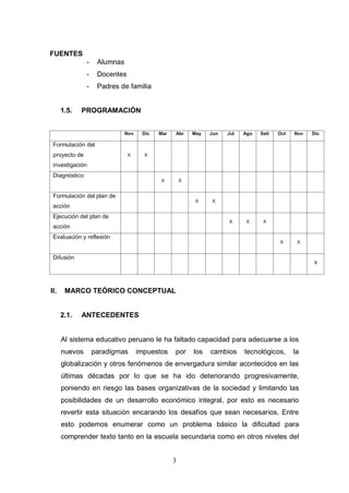 FUENTES
               -    Alumnas
               -    Docentes
               -    Padres de familia


      1.5.   PROGRAMACIÓN


                              Nov    Dic   Mar   Abr     May   Jun   Jul   Ago   Seti   Oct   Nov   Dic

 Formulación del
 proyecto de                   X      X

 investigación
 Diagnóstico
                                           X         X


 Formulación del plan de
                                                          X    X
 acción
 Ejecución del plan de
                                                                     X      X     X
 acción
 Evaluación y reflexión
                                                                                        X      X


 Difusión
                                                                                                    X




II.    MARCO TEÓRICO CONCEPTUAL


      2.1.   ANTECEDENTES


      Al sistema educativo peruano le ha faltado capacidad para adecuarse a los
      nuevos       paradigmas       impuestos    por     los   cambios     tecnológicos,      la
      globalización y otros fenómenos de envergadura similar acontecidos en las
      últimas décadas por lo que se ha ido deteriorando progresivamente,
      poniendo en riesgo las bases organizativas de la sociedad y limitando las
      posibilidades de un desarrollo económico integral, por esto es necesario
      revertir esta situación encarando los desafíos que sean necesarios. Entre
      esto podemos enumerar como un problema básico la dificultad para
      comprender texto tanto en la escuela secundaria como en otros niveles del


                                                 3
 