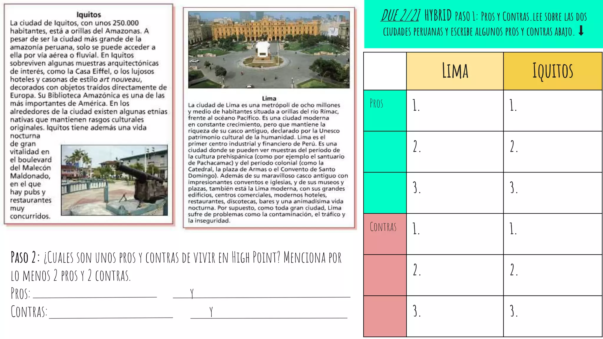 DUE 2/21 HYBRID PASO 1: Pros y Contras.lee sobre las dos
ciudades peruanas y escribe algunos pros y contras abajo. ⬇
Lima Iquitos
Pros 1. 1.
2. 2.
3. 3.
Contras 1. 1.
2. 2.
3. 3.
Paso 2: ¿Cuales son unos pros y contras de vivir en High Point? Menciona por
lo menos 2 pros y 2 contras.
Pros: y
Contras: y
 