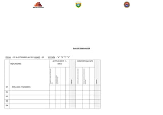 GUIA DE OBSERVACION




FECHA : 22 de SETIEMBRE del 2011 GRADO : 2º   SECCIÓN : “A” “B” “C” “D”
                                                                              ACTITUD ANTE EL                        COMPORTAMIENTO
     INDICADORES                                                                   AREA




                                                                                                                     Cuida el patrimonio institucional




                                                                                                                                                         Mejora cada día su presentación
                                               Cumple con traer sus útiles cada



                                                                                  Culmina las tareas
                                                                                  encomendadas




                                                                                                       PUNTAJE




                                                                                                                                                                                           PUNTAJE
                                                                                                                                                         personal
                                               día




Nº     APELLIDOS Y NOMBRES

01

02

03

04
 