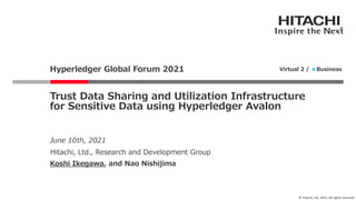© Hitachi, Ltd. 2021. All rights reserved.
June 10th, 2021
Hitachi, Ltd., Research and Development Group
Koshi Ikegawa, and Nao Nishijima
Trust Data Sharing and Utilization Infrastructure
for Sensitive Data using Hyperledger Avalon
Hyperledger Global Forum 2021 Virtual 2 / ●Business
 