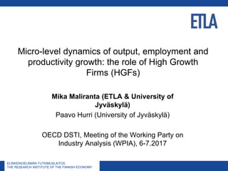 ELINKEINOELÄMÄN TUTKIMUSLAITOS
THE RESEARCH INSTITUTE OF THE FINNISH ECONOMY
ELINKEINOELÄMÄN TUTKIMUSLAITOS
THE RESEARCH INSTITUTE OF THE FINNISH ECONOMY
Micro-level dynamics of output, employment and
productivity growth: the role of High Growth
Firms (HGFs)
Mika Maliranta (ETLA & University of
Jyväskylä)
Paavo Hurri (University of Jyväskylä)
OECD DSTI, Meeting of the Working Party on
Industry Analysis (WPIA), 6-7.2017
 