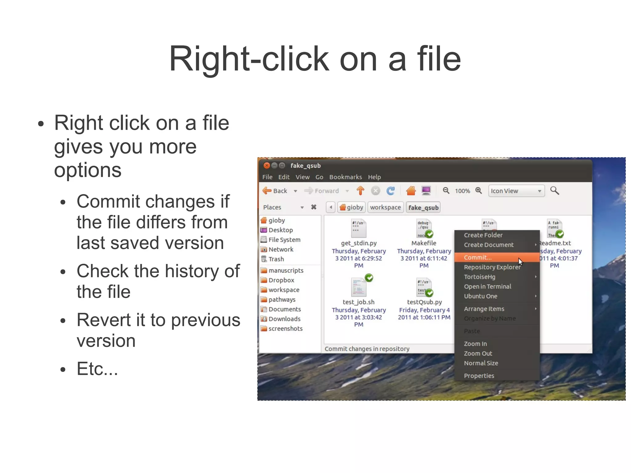 Right-click on a file
●   Right click on a file
    gives you more
    options
    ●   Commit changes if
        the file differs from
        last saved version
    ●   Check the history of
        the file
    ●   Revert it to previous
        version
    ●   Etc...
 