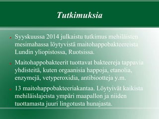 Tutkimuksia
● Syyskuussa 2014 julkaistu tutkimus mehiläisten
mesimahassa löytyvistä maitohappobakteereista
Lundin yliopistossa, Ruotsissa.
● Maitohappobakteerit tuottavat bakteereja tappavia
yhdisteitä, kuten orgaanisia happoja, etanolia,
enzymejä, vetyperoxidia, antibiootteja y.m.
● 13 maitohappobakteeriakantaa. Löytyivät kaikista
mehiläislajeista ympäri maapallon ja niiden
tuottamasta juuri lingotusta hunajasta.
 