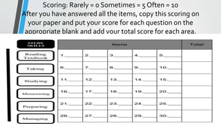 Scoring: Rarely = 0 Sometimes = 5 Often = 10
After you have answered all the items, copy this scoring on
your paper and put your score for each question on the
appropriate blank and add your total score for each area.
 