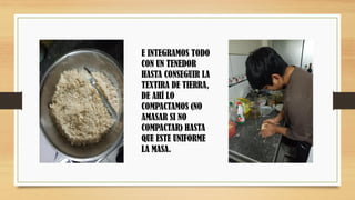 E INTEGRAMOS TODO
CON UN TENEDOR
HASTA CONSEGUIR LA
TEXTIRA DE TIERRA,
DE AHÍ LO
COMPACTAMOS (NO
AMASAR SI NO
COMPACTAR) HASTA
QUE ESTE UNIFORME
LA MASA.
 