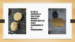 DE AHÍ LO
SEPARAMSO LA
MASA EN DOS
BOLITASA Y
HACEMOS DISCO LOS
CUALES
GUARDAREMOS EN
LA
REFRIGERADORA.
 