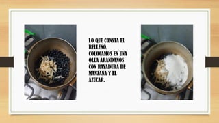 LO QUE CONSTA EL
RELLENO,
COLOCAMOS EN UNA
OLLA ARANDANOS
CON RAYADURA DE
MANZANA Y EL
AZÚCAR.
 