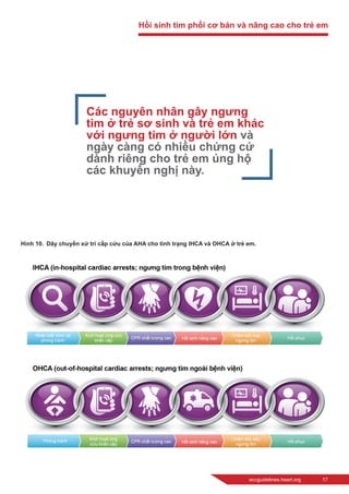 eccguidelines.heart.org	 17
Hình 10.  Dây chuyền xử trí cấp cứu của AHA cho tình trạng IHCA và OHCA ở trẻ em.
Các nguyên nhân gây ngưng
tim ở trẻ sơ sinh và trẻ em khác
với ngưng tim ở người lớn và
ngày càng có nhiều chứng cứ
dành riêng cho trẻ em ủng hộ
các khuyến nghị này.
Hồi sinh tim phổi cơ bản và nâng cao cho trẻ em
 