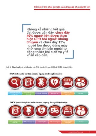 eccguidelines.heart.org	 7
Hình 3.  Dây chuyền xử trí cấp cứu của AHA cho tình trạng IHCA và OHCA ở người lớn.
Không kể những kết quả
đạt được gần đây, chưa đầy
40% người lớn được thực
hiện CPR bởi người không
chuyên và chưa đầy 12%
người lớn được dùng máy
khử rung tim bên ngoài tự
động trước khi dịch vụ y tế
khẩn cấp đến.
Hồi sinh tim phổi cơ bản và nâng cao cho người lớn
 