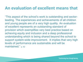 An evaluation of excellent means that
“This aspect of the school’s work is outstanding and sector-
leading. The experiences and achievements of all children
and young people are of a very high quality. An evaluation
of excellent represents an outstanding standard of
provision which exemplifies very best practice based on
achieving equity and inclusion and a deep professional
understanding which is being shared beyond the school to
support system-wide improvement. It implies that very high
levels of performance are sustainable and will be
maintained.” p. 62
 