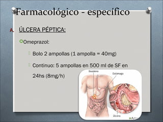 Farmacológico - específico
A.A. ÚLCERA PÉPTICA:ÚLCERA PÉPTICA:
Omeprazol:
 Bolo 2 ampollas (1 ampolla = 40mg)
 Continuo: 5 ampollas en 500 ml de SF en
24hs (8mg/h)
 