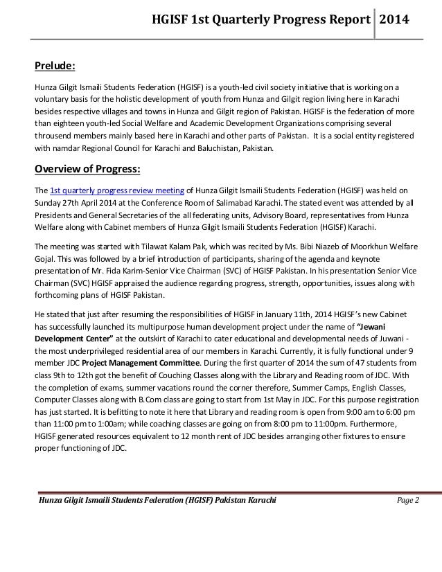 Hgisf 1st Quarterly Progress Report 2014