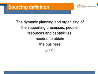 Sourcing definition


     The dynamic planning and organizing of
       the supporting processes, people,
           reso...