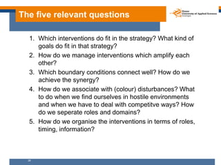 The five relevant questions

  1. Which interventions do fit in the strategy? What kind of
     goals do fit in that strategy?
  2. How do we manage interventions which amplify each
     other?
  3. Which boundary conditions connect well? How do we
     achieve the synergy?
  4. How do we associate with (colour) disturbances? What
     to do when we find ourselves in hostile environments
     and when we have to deal with competitve ways? How
     do we seperate roles and domains?
  5. How do we organise the interventions in terms of roles,
     timing, information?



  26
 