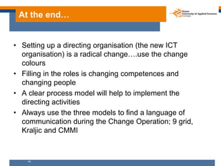 At the end…


• Setting up a directing organisation (the new ICT
  organisation) is a radical change….use the change
  col...