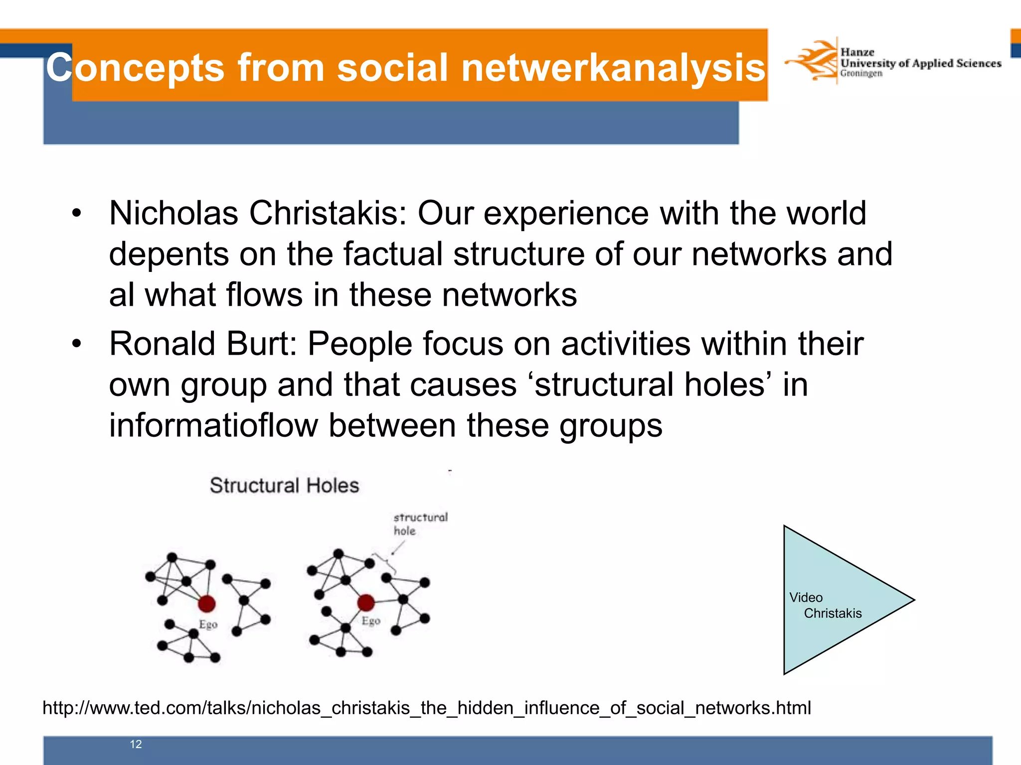 12
Concepts from social netwerkanalysis
• Nicholas Christakis: Our experience with the world
depents on the factual structure of our networks and
al what flows in these networks
• Ronald Burt: People focus on activities within their
own group and that causes ‘structural holes’ in
informatioflow between these groups
Video
Christakis
http://www.ted.com/talks/nicholas_christakis_the_hidden_influence_of_social_networks.html
 