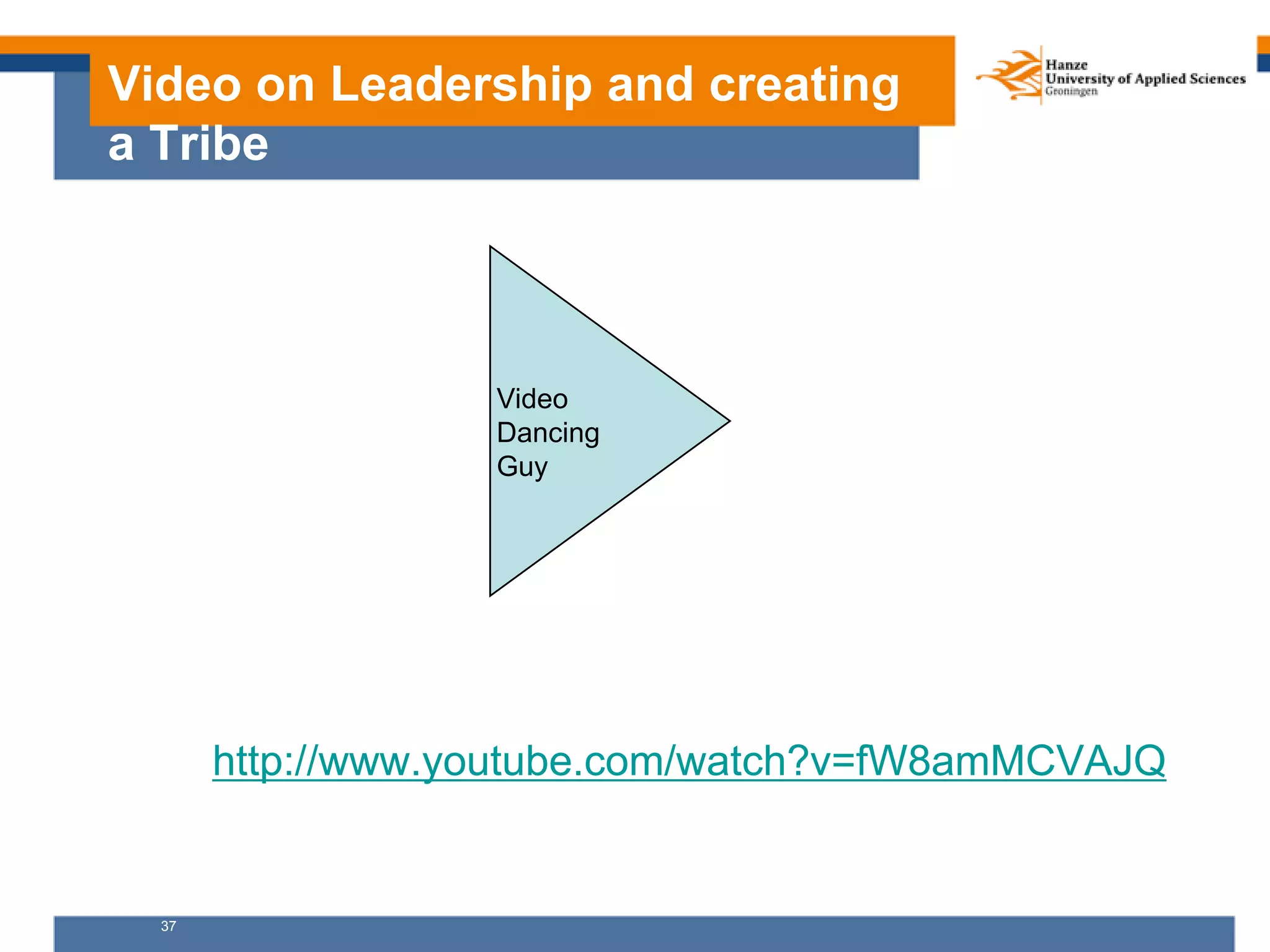 37
Video on Leadership and creating
a Tribe
http://www.youtube.com/watch?v=fW8amMCVAJQ
Video
Dancing
Guy
 