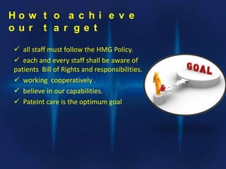 H o w t o a c h i e v e
o u r t a r g e t
 all staff must follow the HMG Policy.
 each and every staff shall be aware of
patients Bill of Rights and responsibilities.
 working cooperatively .
 believe in our capabilities.
 Pateint care is the optimum goal
 