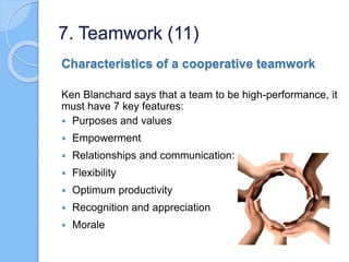 Characteristics of a cooperative teamwork
Ken Blanchard says that a team to be high-performance, it
must have 7 key featur...