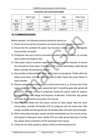 HGM400 Series Automatic Control Module
HGM400 Series Genset Controller ISSUE 2012-03-15 Version 1.1 Page 25 of 30
Common unit conversion table
1N/m2
(pa) 1kgf/cm2
1bar (1b/in2
) psi
1Pa 1 1.02x10
－5
1x10
－5
1.45x10
－4
1kgf/cm2
9.8x104
1 0.98 14.2
1bar 1x105
1.02 1 14.5
1psi 6.89x103
7.03x10
－2
6.89x10
－2
1
10 COMMISSIONING
Before operation, the following checking should be carried out:
1) Check and ensure all the connections are correct and wires diameter is suitable.
2) Ensure that the controller DC power has insurance; battery positive and negative
have correctly connected.
3) Emergence stop input must be connected to positive of starting battery via normally
close contact of emergency stop.
4) Take proper actions to prevent engine to disconnect crank (for example, to remove
the connections of fuel value). If checking is OK, connect start battery, select Manual
Mode, controller will execute the program.
5) Set controller as Manual Mode, press “start” button to start genset. If failed within the
setting crank times, controller will send “Failed to Start” signal; then press “Reset” to
reset controller.
6) Recover actions of preventing engine to disconnect crank (e. g. Connect wire of fuel
value), press “start” button again, genset will start. If everything goes well, genset will
normal run after idle running (if configured). During this period, watch for engine’s
running situations and voltage and frequency of alternator. If abnormal, stop genset
and check all connections according to this manual.
7) Select the Auto Mode from front panel, connect to mains signal. After the mains
normal delay, controller will transfer ATS (if configured) and into mains load. After
cooling, controller will stop genset and into standby state until mains abnormal again.
8) When mains abnormal again, genset will start automatically and into normal running,
send signal to make gens close, transfer ATS and make genset take load. If not like
this, please check connections of ATS according to this manual.
9) If there are any other questions, please contact our technical personnel.
 