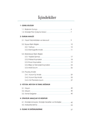 İçindekiler
1- GENEL BİLGİLER
1.1. Başkanın Sunuşu
1.2. Stratejik Plan Çalışma Süreci
2- DURUM ANALİZİ
2.1. Yasal Yükümlülükler ve Mevzuat
2.2. İlçeye İlişkin Bilgiler
2.2.1 Tarihçe
2.2.2 Demografik Analiz
2.3. Belediyeye İlişkin Bilgiler
2.3.1 Teşkilat Şeması
2.3.2 Fiziksel Kaynaklar
2.3.3 İnsan Kaynakları
2.3.4 Bilgi ve Teknolojik Kaynaklar
2.3.5 Mali Durum
2.4. Paydaş Analizi
2.4.1. Kurum İçi Analiz
2.4.2. Kurum Dışı Analiz
2.4.3. Üst Planlarla Uyum
3- VİZYON, MİSYON VE TEMEL DEĞERLER
3.1. Vizyon
3.2. Misyon
3.3. Temel Değerler
4- STRATEJİK AMAÇLAR VE HEDEFLER
4.1. Stratejik Amaçlar, Stratejik Hedefler ve Stratejiler
4.2. Maliyetlendirme
5- İZLEME VE DEĞERLENDİRME
6
7
9
10
10
11
17
18
19
24
26
29
33
37
40
40
40
42
53
57
 
