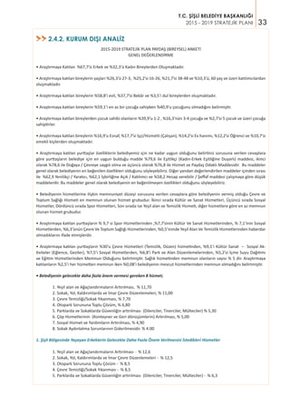 33
T.C. ŞİŞLİ BELEDİYE BAŞKANLIĞI
2015 - 2019 STRATEJİK PLANI
2.4.2. KURUM DIŞI ANALİZ>>
2015-2019 STRATEJİK PLAN PAYDAŞ (BİREYSEL) ANKETİ
GENEL DEĞERLENDİRME
• Araştırmaya Katılan %67,7’si Erkek ve %32,3’ü Kadın Bireylerden Oluşmaktadır.
• Araştırmaya katılan bireylerin yaşları %26,3’ü 27-3, %25,2’si 16-26, %21,7’si 38-48 ve %10,3’ü, 60 yaş ve üzeri katılımcılardan
oluşmaktadır.
• Araştırmaya katılan bireylerin %58,8’i evli, %37,7’si Bekâr ve %3,5’i dul bireylerden oluşmaktadır.
• Araştırmaya katılan bireylerin %59,1’i en az bir çocuğa sahipken %40,9’u çocuğunu olmadığını belirmiştir.
• Araştırmaya katılan bireylerden çocuk sahibi olanların %39,9’u 1-2 , %16,3’nün 3-4 çocuğa ve %2,7’si 5 çocuk ve üzeri çocuğa
sahiptirler.
• Araştırmaya katılan bireylerin %16,9’u Esnaf, %17,7’si İşçi/Hizmetli (Çalışan), %14,2’si Ev hanımı, %12,2’si Öğrenci ve %10,7’si
emekli kişilerden oluşmaktadır.
• Araştırmaya katılan yurttaşlar özelliklerin belediyemiz için ne kadar uygun olduğunu belirtiniz sorusuna verilen cevaplara
göre yurttaşların belediye için en uygun bulduğu madde %79,6 ile Eşitlikçi (Kadın-Erkek Eşitliğine Duyarlı) maddesi, ikinci
olarak %78,6 ile Doğaya / Çevreye saygılı olma ve üçüncü olarak %76,8 ile Hizmet ve Paydaş Odaklı Maddesidir. Bu maddeler
genel olarak belediyenin en beğenilen özellikleri olduğunu söyleyebiliriz. Diğer yandan değerlendirilen maddeler içinden sırası
ile %62,9 Yenilikçi / Yaratıcı, %62,1 İşbirliğine Açık / Katılımcı ve %58,2 Hesap verebilir / Şeffaf maddesi çalışmaya göre düşük
maddelerdir. Bu maddeler genel olarak belediyenin en beğenilmeyen özellikleri olduğunu söyleyebiliriz.
• Belediyenin hizmetlerine ilişkin memnuniyet düzeyi sorusuna verilen cevaplara göre belediyenin vermiş olduğu Çevre ve
Toplum Sağlığı Hizmeti en memnun olunan hizmet grubudur. İkinci sırada Kültür ve Sanat Hizmetleri, Üçüncü sırada Sosyal
Hizmetler, Dördüncü sırada Spor Hizmetleri, Son sırada ise Yeşil alan ve Temizlik Hizmeti, diğer hizmetlere göre en az memnun
olunan hizmet grubudur.
• Araştırmaya katılan yurttaşların % 9,7 si Spor Hizmetlerinden ,%7,7’sinin Kültür Ve Sanat Hizmetlerinden, % 7,1‘inin Sosyal
Hizmetlerden, %6,3’ünün Çevre Ve Toplum Sağlığı Hizmetlerinden, %0,5’ininde Yeşil Alan Ve Temizlik Hizmetlerinden haberdar
olmadıklarını ifade etmişlerdir.
• Araştırmaya katılan yurttaşların %30’u Çevre Hizmetleri (Temizlik, Düzen) hizmetinden, %9,1’i Kültür Sanat – Sosyal Ak-
tiviteler (Eğlence, Geziler), %7,5’i Sosyal Hizmetlerden, %6,8’i Park ve Alan Düzenlemelerinden, %5,2’si İçme Suyu Dağıtımı
ve Eğitim Hizmetlerinden Memnun Olduğunu belirtmiştir. Sağlık hizmetinden memnun olanların sayısı % 5 dir. Araştırmaya
katılanların %2,5’i her hizmetten memnun iken %0,08’i belediyenin mevcut hizmetlerinden memnun olmadığını belirtmiştir.
• Belediyenin gelecekte daha fazla önem vermesi gereken 8 hizmet;
	 1. Yeşil alan ve Ağaçlandırmaların Artırılması, % 11,70
	 2. Sokak, Yol, Kaldırımlarda ve İmar Çevre Düzenlemeleri, % 11,00
	 3. Çevre Temizliği/Sokak Yıkanması, % 7,70
	 4. Otopark Sorununa Toplu Çözüm, % 6,80
	 5. Parklarda ve Sokaklarda Güvenliğin artırılması (Dilenciler, Tinerciler, Mülteciler) % 5,30
	 6. Çöp Hizmetlerinin (Konteyner ve Geri dönüşümlerin) Artırılması, % 5,00
	 7. Sosyal Hizmet ve Yardımların Artırılması, % 4,90
	 8. Sokak Aydınlatma Sorunlarının Giderilmesidir. % 4.00
1. Şişli Bölgesinde Yaşayan Erkeklerin Gelecekte Daha Fazla Önem Verilmesini İstedikleri Hizmetler
	 1. Yeşil alan ve Ağaçlandırmaların Artırılması - % 12,6
	 2. Sokak, Yol, Kaldırımlarda ve İmar Çevre Düzenlemeleri - % 12,5
	 3. Otopark Sorununa Toplu Çözüm - % 8,5
	 4. Çevre Temizliği/Sokak Yıkanması - % 8,5
	 5. Parklarda ve Sokaklarda Güvenliğin artırılması (Dilenciler, Tinerciler, Mülteciler) - % 6,3
 