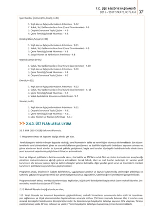 37
T.C. ŞİŞLİ BELEDİYE BAŞKANLIĞI
2015 - 2019 STRATEJİK PLANI
İşyeri Sahibi/ İşletmeci(Tic.,İmal.) (n=81)
	 1. Yeşil alan ve Ağaçlandırmaların Artırılması - % 12
	 2. Sokak, Yol, Kaldırımlarda ve İmar Çevre Düzenlemeleri - % 9
	 3. Otopark Sorununa Toplu Çözüm	 - % 9
	 4. Çevre Temizliği/Sokak Yıkanması	 - % 6
Kendi İşi Olan /Seyyar (n=99)
	 1. Yeşil alan ve Ağaçlandırmaların Artırılması - % 11
	 2. Sokak, Yol, Kaldırımlarda ve İmar Çevre Düzenlemeleri - % 9
	 3. Çevre Temizliği/Sokak Yıkanması	 - % 8
	 4. Sosyal Hizmet ve Yardımların Artırılması - % 8
Nitelikli Uzman (n=95)
	 1. Sokak, Yol, Kaldırımlarda ve İmar Çevre Düzenlemeleri - % 10
	 2. Yeşil alan ve Ağaçlandırmaların Artırılması - % 10
	 3. Çevre Temizliği/Sokak Yıkanması	 - % 8
	 4. Otopark Sorununa Toplu Çözüm	 - % 7
Emekli (n=125)
	 1. Yeşil alan ve Ağaçlandırmaların Artırılması - % 13
	 2. Sokak, Yol, Kaldırımlarda ve İmar Çevre Düzenlemeleri - % 13
	 3. Çevre Temizliği/Sokak Yıkanması	 - % 9
	 4. Sokak Aydınlatma Sorunlarının Giderilmesi - % 7
Yönetici (n=11)
	 1. Yeşil alan ve Ağaçlandırmaların Artırılması - % 11
	 2. Otopark Sorununa Toplu Çözüm	 - % 11
	 3. Çevre Temizliği/Sokak Yıkanması	 - % 11
	 4. Spor Tesisleri ve Alanları Artırılmalı - % 11
2.4.3. ÜST PLANLARLA UYUM>>
10. 5 Yıllık (2014-2018) Kalkınma Planında;
“i. Programın Amacı ve Kapsamı başlığı altında yer alan,
Yerel düzeydeki teknik ve beşeri kapasite eksikliği, yerel hizmetlerin kalite ve verimliliğini olumsuz etkilemektedir. Son düzen-
lemelerle yerel yönetimlerin görev ve sorumluluklarının genişlemesi ve özellikle büyükşehir belediyesi sayısının artması ve
görev alanlarının kırsal alanları da içerecek şekilde genişlemesi, başta yeni kurulan büyükşehir belediyelerinde olmak üzere
yerel kurumsal kapasitenin geliştirilmesi ihtiyacını artırmaktadır.
Yerel ve bölgesel politikaların belirlenmesinde kamu, özel sektör ve STK’ların ortak fikir ve çözüm üretmelerinin amaçlandığı
yönetişim mekanizmalarının ağırlığı giderek artmaktadır. Ancak teknik, idari ve mali kısıtlar nedeniyle bir yandan yerel
kurumların söz konusu yapılara ilgisi ve katılım düzeyleri yetersiz kalmakta, diğer yandan yerel sorun ve önceliklerin merkezi
kurumların politikalarına yansıtılması güçleşmektedir.
Programın amacı, önceliklerin isabetli belirlenmesi, uygulamada kalitenin ve kaynak kullanımında verimliliğin artırılması ve
kalkınma çabalarının güçlendirilmesi için yerel düzeyde kurumsal kapasitenin, katılımcılığın ve yönetişimin geliştirilmesidir.
Programın hedef kitlesi; merkezi idarelerin taşra teşkilatları, büyükşehir belediyeleri başta olmak üzere mahalli idareler, üni-
versiteler, meslek kuruluşları ve STK’lardır.
2.3.5 Mahalli İdareler başlığı altında yer alan,
112. Yerel düzeyde ise kurumsal kapasitenin güçlendirilmesi, mahalli hizmetlerin sunumunda daha etkili bir koordinas-
yon sağlanması ve ölçek ekonomisinden faydalanılması amacıyla nüfusu 750 binin üzerinde bulunan iller, il sınırları esas
alınarak büyükşehir belediyesine dönüştürülmektedir. Bu düzenlemeyle büyükşehir belediye sayısının 30’a ulaşması, Türkiye
yüzölçümünün yüzde 51’inin, nüfusun ise yüzde 77’sinin büyükşehir belediyesi kapsamına girmesi beklenmektedir.
 