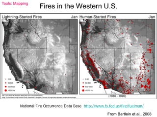 Fires in the Western U.S.
National Fire Occurrence Data Base http://www.fs.fed.us/fire/fuelman/
From Bartlein et al., 2008
Tools: Mapping
 