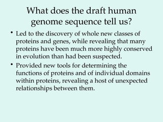 What does the draft human
genome sequence tell us?
• Led to the discovery of whole new classes of
proteins and genes, while revealing that many
proteins have been much more highly conserved
in evolution than had been suspected.
• Provided new tools for determining the
functions of proteins and of individual domains
within proteins, revealing a host of unexpected
relationships between them.
 