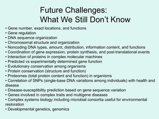 • Gene number, exact locations, and functions
• Gene regulation
• DNA sequence organization
• Chromosomal structure and organization
• Noncoding DNA types, amount, distribution, information content, and functions
• Coordination of gene expression, protein synthesis, and post-translational events
• Interaction of proteins in complex molecular machines
• Predicted vs experimentally determined gene function
• Evolutionary conservation among organisms
• Protein conservation (structure and function)
• Proteomes (total protein content and function) in organisms
• Correlation of SNPs (single-base DNA variations among individuals) with health and
disease
• Disease-susceptibility prediction based on gene sequence variation
• Genes involved in complex traits and multigene diseases
• Complex systems biology including microbial consortia useful for environmental
restoration
• Developmental genetics, genomics
Future Challenges:
What We Still Don’t Know
 