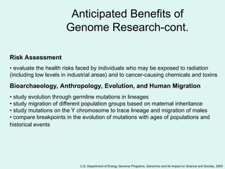 Risk Assessment
• evaluate the health risks faced by individuals who may be exposed to radiation
(including low levels in industrial areas) and to cancer-causing chemicals and toxins
Bioarchaeology, Anthropology, Evolution, and Human Migration
• study evolution through germline mutations in lineages
• study migration of different population groups based on maternal inheritance
• study mutations on the Y chromosome to trace lineage and migration of males
• compare breakpoints in the evolution of mutations with ages of populations and
historical events
U.S. Department of Energy Genome Programs, Genomics and Its Impact on Science and Society, 2003
Anticipated Benefits of
Genome Research-cont.
 