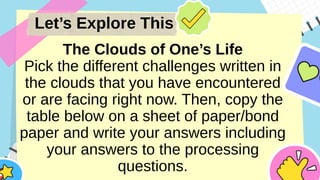 Let’s Explore This
The Clouds of One’s Life
Pick the different challenges written in
the clouds that you have encountered
or are facing right now. Then, copy the
table below on a sheet of paper/bond
paper and write your answers including
your answers to the processing
questions.
 