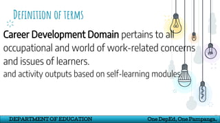 Definition of terms
19
DEPARTMENT OF EDUCATION One DepEd, One Pampanga.
Career Development Domain pertains to all
occupational and world of work-related concerns
and issues of learners.
and activity outputs based on self-learning modules.
 