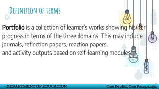 Definition of terms
20
DEPARTMENT OF EDUCATION One DepEd, One Pampanga.
Portfolio is a collection of learner’s works showing his/her
progress in terms of the three domains. This may include
journals, reflection papers, reaction papers,
and activity outputs based on self-learning modules.
 