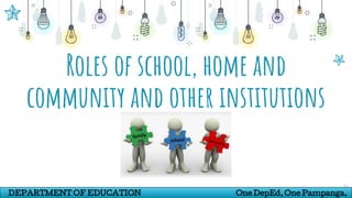 27
Roles of school, home and
community and other institutions
DEPARTMENT OF EDUCATION One DepEd, One Pampanga.
 