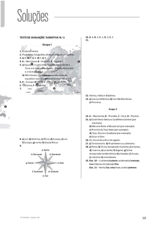 © RUMOS 5, Edições ASA
10
TESTE DE AVALIAÇÃO SUMATIVA N.o 1
Grupo I
1. Globoterrestre.
2. Planisfério, fotografias aéreas e imagens de satélite.
3. a) V; b) F;c) V; d) F; e) V
4. A – Meridiano; B – Paralelo; C– Equador
5. a) Equador:é uma linha imagináriaque divide a
Terra em duas partes iguais– o hemisférionorte
e o hemisfériosul.
b) Meridianos:sãolinhasperpendiculares ao
equador e que passam pelos polos norte e sul.
6. A – Europa; B – Ásia; C– África; D – América;
E – Oceânia;F – Antártida
7.
10. A. 4; B. 5; C. 1; D. 2; E. 3
11.
12. Ibérica, Itálica e Balcânica.
13. a) oceanoAtlântico; b) mar Mediterrâneo;
c) Pirenéus
Grupo II
14. A – Montanha; B – Planalto, C– Vale; D – Planície
15. a) Cordilheira Ibérica e Cordilheira Central (por
exemplo).
b) Meseta Norte e Meseta Sul (por exemplo).
c) Planície doTejo-Sado (por exemplo).
d) Tejo, Douroe Guadiana (por exemplo).
e) Júcar e Ebro.
16. Os mesesde julho e de agosto.
17. a) Termómetro. b) Pluviómetro ouudómetro.
18. a) Porto; b) Clima temperado marítimo; c) amenas;
d) inverno; e) carvalho; f) Algarve; g) Clima
temperadomediterrânico; h) elevadas; i) chuvas;
j) sobreiro; k) amendoeira.
19. Doc. 10 – sudoeste/sudeste;acidentado/nivelado;
rios/ribeiras;temperado/frio.
Doc. 11 – Norte/Sul; oito/nove; cedro/pinheiro.
8. a) sul; b) América; c) África; d) Europa; e) sul;
f) Europa; g) norte; h) Glacial Ártico
9.
 