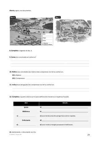 © RUMOS 5, Edições ASA
29
Atenta, agora,nos documentos.
8. Completa a legenda do doc. 6.
9. Como era constituído um senhorio?
_________________________________________________________________________________________________________
_________________________________________________________________________________________________________
_________________________________________________________________________________________________________
10. Refere duas atividades dos nobres edos camponeses nas terras senhoriais.
10.1. Nobres: __________________________________________________________________________________________
10.2. Camponeses: _____________________________________________________________________________________
11. Indica duas obrigações dos camponeses nas terras senhoriais.
_______________________________________________________________________________________________________
_______________________________________________________________________________________________________
12. Completa o quadro sobreos principais edifíciosdos mosteiros erespetivas funções.
Lê, atentamente, o documento escrito.
Ano Século
Igreja a) _____________________________________________________
Biblioteca b) _____________________________________________________
c) _______________________ c) Local dedescanso dosperegrinoseoutros viajantes.
Enfermaria d) _____________________________________________________
e) _______________________ e) Local ondeos mongespasseavamemeditavam.
 