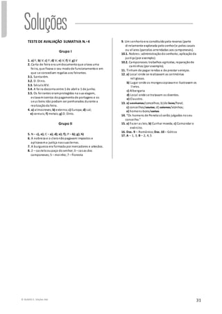 © RUMOS 5, Edições ASA
31
TESTE DE AVALIAÇÃO SUMATIVA N.o 4
Grupo I
1. a) F; b) V;c) F;d) V; e) V; f) V; g) V
2. Carta de feira era umdocumentoque criava uma
feira, que fixava o seu modode funcionamentoe em
que se concediam regalias aos feirantes.
3.1. Santarém.
3.2. D. Dinis.
3.3. SéculoXIV.
3.4. A feira decorria entre 1 de abril e 1 de junho.
3.5. Os feirantes eramprotegidos na sua viagem,
estavamisentos dopagamentode portagens e os
seus bens não podiam ser penhorados durante a
realizaçãoda feira.
4. a) almocreves; b) externo; c) Europa; d) sal;
e) cereais; f) metais; g) D. Dinis.
Grupo II
5. N – c), e); C – a); d); e); f); P – b); g); h)
6. A nobreza e o cleronãopagavam impostos e
aplicavama justiça nassuasterras.
7. A burguesia era formada por mercadores e artesãos.
8. 2 – castelooupaço dosenhor;3 – casas dos
camponeses;5 – moinho;7 – floresta
9. Um senhorioera constituídopela reserva (parte
diretamente explorada pelosenhor)e pelos casais
ou vilares (parcelas arrendadas aos camponeses).
10.1. Nobres:administraçãodosenhorio;aplicaçãoda
justiça (por exemplo).
10.2. Camponeses:trabalhos agrícolas;reparaçãode
caminhos (por exemplo).
11. Tinham de pagar rendas e de prestar serviços.
12. a) Local onde se realizavam as cerimónias
religiosas.
b) Lugar onde os mongescopiavame ilustravam os
livros.
c) Albergaria
d) Local onde se tratavam os doentes.
e) Claustro.
13. a) senhorios/concelhos;b)de feira/foral;
c) concelhos/coutos;d) colonos/vizinhos;
e) homens-bons/cortes
14. “Os homens de Penelasóserão julgados noseu
concelho.”
15. a) Fazer as leis; b) Cunhar moeda; c) Comandar o
exército.
16. Doc. 9 – Românico; Doc.10 – Gótico
17. A – 1, 3; B – 2, 4, 5
 