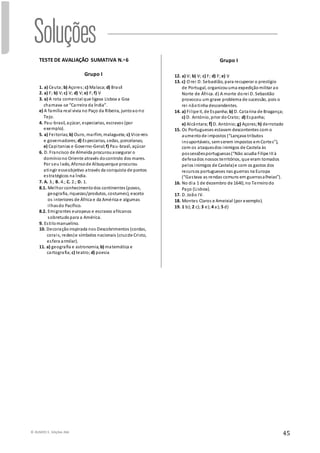 © RUMOS 5, Edições ASA
45
TESTE DE AVALIAÇÃO SUMATIVA N.o 6
Grupo I
1. a) Ceuta; b) Açores; c) Malaca; d) Brasil
2. a) F; b) V;c) V; d) V; e) F; f) V
3. a) A rota comercial que ligava Lisboa a Goa
chamava-se “Carreira da Índia”.
e) A família real vivia no Paço da Ribeira, juntoaorio
Tejo.
4. Pau-brasil, açúcar, especiarias, escravos (por
exemplo).
5. a) Feitorias; b) Ouro, marfim, malagueta; c) Vice-reis
e governadores; d) Especiarias, sedas, porcelanas;
e) Capitanias e Governo-Geral; f) Pau-brasil, açúcar
6. D. Francisco de Almeida procurouassegurar o
domíniono Oriente através docontrolo dos mares.
Por seu lado, Afonsode Albuquerque procurou
atingir esseobjetivo através da conquista de pontos
estratégicos na Índia.
7. A. 3.; B. 4.; C. 2.; D. 1.
8.1. Melhor conhecimentodos continentes(povos,
geografia, riquezas/produtos, costumes), exceto
os interiores de África e da América e algumas
ilhasdo Pacífico.
8.2. Emigrantes europeus e escravos africanos
sobretudopara a América.
9. Estilomanuelino.
10. Decoraçãoinspirada nos Descobrimentos (cordas,
corais, redes)e símbolos nacionais (cruzde Cristo,
esfera armilar).
11. a) geografia e astronomia; b) matemática e
cartografia; c) teatro; d) poesia
Grupo I
12. a) V; b) V; c) F; d) F; e) V
13. c) O rei D. Sebastião, para recuperar o prestígio
de Portugal, organizouuma expediçãomilitar ao
Norte de África. d) A morte dorei D. Sebastião
provocou um grave problema de sucessão, pois o
rei nãotinha descendentes.
14. a) Filipe II, de Espanha; b) D. Catarina de Bragança;
c) D. António, prior doCrato; d) Espanha;
e) Alcântara; f)D. António; g) Açores; h) derrotado
15. Os Portugueses estavam descontentes com o
aumentode impostos (“Lançava tributos
insuportáveis, semserem impostos em Cortes”),
com os ataquesdos inimigos de Castela às
possessõesportuguesas(“Não acudia Filipe III à
defesados nossos territórios, que eram tomados
pelos inimigos de Castela)e com os gastos dos
recursos portugueses nas guerras na Europa
(“Gastava as rendas comuns em guerrasalheias”).
16. No dia 1 de dezembro de 1640, no Terreirodo
Paço (Lisboa).
17. D. João IV.
18. Montes Claros e Ameixial (por exemplo).
19. 1 b); 2 c); 3 e); 4 a); 5 d)
 