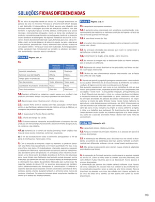 SOLUÇÕESFICHASDIFERENCIADAS
119
3. No início da segunda metade do século XIX, Portugal atravessava um
período de crise. As Invasões Francesas e a Guerra Civil tinham deixado
o país destruído. A independência do Brasil agravou esta situação, pois
Portugal perdeu a vantagem que tinha em relação ao comércio com este
território. A agricultura pouco se tinha alterado, continuando-se a utilizar
técnicas e instrumentos antiquados. Assim, as terras não produziam os
produtos necessários para alimentar os portugueses, tendo de se importar
muitos produtos do estrangeiro. Na segunda metade do século XIX, os Go-
vernos liberais decidiram modernizar o país, tomando, para isso, várias me-
didas. Assim, as terras deixaram de estar em pousio, ou seja, a descansar
e sem produzir, passando-se a fazer a alternância das culturas. Acabou-se
com alguns baldios – terras que nunca eram cultivadas. As terras passaram,
então, a produzir mais. Introduziram-se, também, os adubos e as máqui-
nas, aumentando, a pouco e pouco, a produção.
Ficha 8 Páginas 20 e 21
1.1.
Produção
artesanal
Produção
mecanizada
Nome do trabalhador Artesão Operários
Nome do local de trabalho Oficina Fábrica
Tempo gasto na produção Muito Pouco
Tipo de produtos Todos diferentes Todos iguais
Quantidade de produtos produzidos Pouca Muita
Preço dos produtos Mais alto Mais baixo
1.2. Graças à utilização da máquina a vapor, passou-se a produzir mais
produtos, em menos tempo e os preços passaram ser mais baixos.
2.1. As principais zonas industriais eram o Porto e Lisboa.
2.2. Lisboa e Porto eram as cidades com mais população e tinham bons
portos, o que facilitava o abastecimento de matérias-primas às fábricas e o
transporte de produtos para outras regiões.
3.1. O responsável foi Fontes Pereira de Melo.
3.2. A fonte de energia é o carvão.
3.3. Os novos meios de transporte, ao possibilitarem o transporte de mais
produtos em menos tempo, favoreceram o desenvolvimento da agricultura,
do comércio e da indústria.
4.1. a) Aumentou-se o número de escolas primárias, foram criados mais
liceus e novas escolas industriais, comerciais e agrícolas.
b) O fim da escravatura em todos os territórios portugueses e o fim da
pena de morte para a maioria dos crimes.
5. Com a utilização da máquina a vapor na indústria, os produtos passa-
ram a ser feitos mais rapidamente e em maior quantidade. Por isso, o seu
preço ficou mais baixo. Os trabalhadores, chamados operários, passaram
a trabalhar em fábricas e especializaram-se numa só parte da transforma-
ção da matéria-prima em produtos. As principais zonas industriais locali-
zavam-se no litoral, junto às cidades de Lisboa e do Porto, não só porque
estas zonas tinham mais habitantes mas também porque possuíam portos
marítimos que permitiam um mais fácil abastecimento de matérias-primas
e o transporte mais rápido dos produtos fabricados para outros locais. Na
segunda metade do século XIX, os governos preocuparam-se, também,
com o desenvolvimento dos transportes e comunicações. A máquina a
vapor foi aplicada aos transportes e foram construídos caminhos de ferro,
estradas, pontes e túneis. Surgiram também os primeiros selos, marcos de
correio e o telefone. Os governos tomaram ainda importantes medidas no
ensino e na defesa dos direitos humanos.
Ficha 9 Páginas 22 e 23
1.1. A população portuguesa aumentou.
1.2. O aumento esteve relacionado com a melhoria na alimentação, o de-
senvolvimento da medicina, as melhores condições de higiene e o facto de
não ter havido guerras em Portugal.
1.3. A zona litoral a norte do Tejo.
2.1. Uns saíram dos campos para as cidades, outros emigraram, principal-
mente para o Brasil.
3.1. As principais atividades das pessoas que viviam no campo eram a
agricultura e a criação de gado.
3.2. Alimentavam-se de pão, arroz, batata e carne de porco.
4.1. As pessoas da imagem não se dedicavam todas ao mesmo trabalho,
pois o vestuário era diferente.
5.1. As pessoas do campo divertiam-se nas procissões, nas feiras, nos bai-
les e com jogos tradicionais.
5.2. Muitos dos seus divertimentos estavam relacionados com as festas
dos santos de cada região.
6. Durante este período, a população portuguesa aumentou muito, como resultado
de uma melhor alimentação, do desenvolvimento da medicina, de melhores
condições de higiene e por não terem ocorrido guerras em Portugal.
Este aumento populacional, bem como as más condições de vida em que
muitos portugueses viviam, originaram a saída de muitos camponeses para
as cidades – êxodo rural – e uma grande emigração, principalmente para
o Brasil. Durante este período, o clero e a nobreza perderam privilégios,
a burguesia tornou-se mais importante e o povo continuou a viver mal.
As principais atividades das pessoas do campo continuavam a ser a agri-
cultura e a criação de gado. Embora tivesse havido muitas melhorias na
agricultura, a vida destas pessoas continuava a ser difícil. Alimentavam-se
com os produtos que produziam como, por exemplo, pão, arroz, batata e
carne de porco. O seu vestuário era simples e variava conforme a região,
o clima e os trabalhos que realizavam. Os divertimentos das pessoas do
campo estavam muito ligados aos trabalhos agrícolas e às festas religio-
sas, como era o caso das procissões. Feiras e bailes eram outra forma de
se divertirem.
Ficha 10 Páginas 24 e 25
1.1. A população destas cidades aumentou.
1.2. Porque aí existiam as principais indústrias e as pessoas iam para lá à
procura de emprego.
2.1. A alimentação era diferente, pois a dos mais ricos era variada e abun-
dante, ao contrário da alimentação dos mais pobres. Também os diverti-
mentos eram diferentes, embora o circo e a praia fossem gostos comuns.
3.1. Não, porque as pessoas do povo vestiam roupas simples e adaptadas
aos trabalhos que faziam.
4. A população de Portugal aumentou muito durante a segunda metade
do século XIX. Lisboa e Porto foram as cidades que mais cresceram, pois
como tinham muitas indústrias para aí se deslocavam muitas pessoas à
procura de emprego.
A alimentação das pessoas das cidades variava conforme a sua riqueza,
tal como o vestuário. As pessoas mais ricas vestiam-se de uma forma mui-
to complicada enquanto o povo se vestia de uma forma simples. Para se
divertirem, as pessoas, mais ricas, das cidades iam à ópera, ao teatro ou
ao circo. No verão iam a banhos. Os mais pobres iam à praia ou faziam
piqueniques.
 